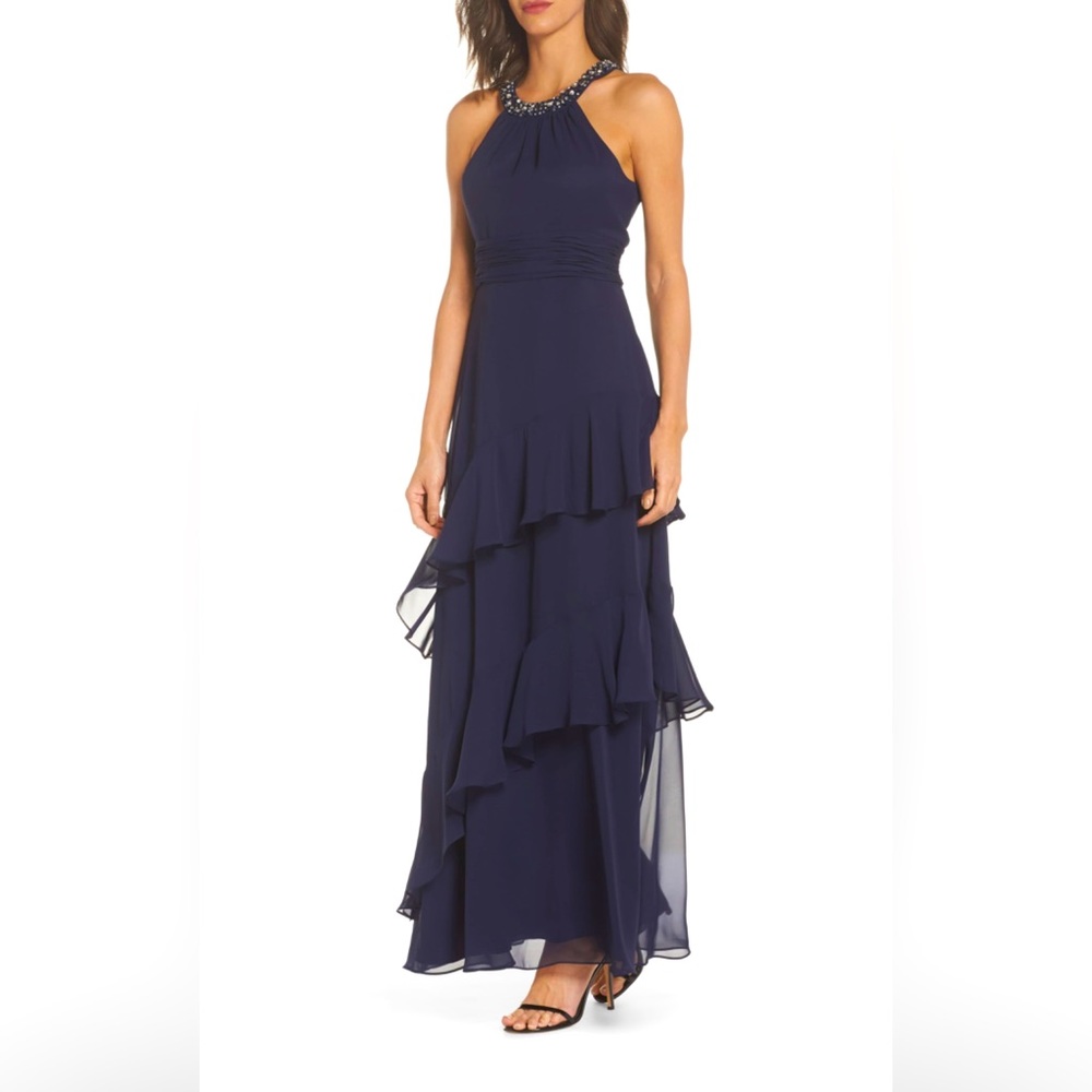 Eliza J Women's Beaded Halter Gown Size 2 Navy